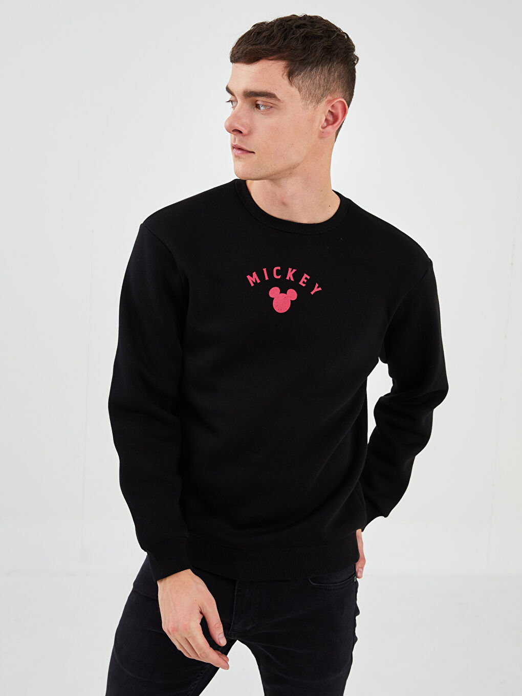 XSIDE Siyah Bisiklet Yaka Uzun Kollu Mickey Mouse Baskılı Erkek Kalın Sweatshirt - 1