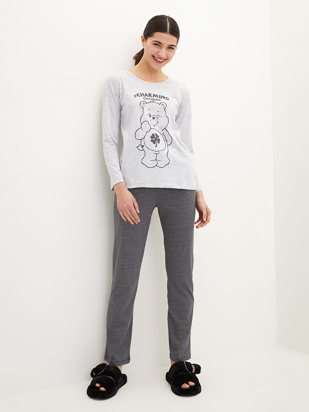 Antrasit Bisiklet Yaka Care Bears Baskılı Uzun Kollu Kadın Pijama Takımı