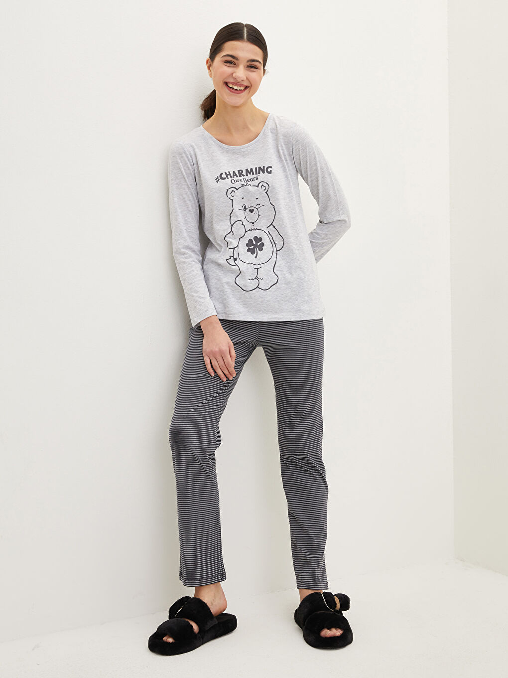 Antrasit Bisiklet Yaka Care Bears Baskılı Uzun Kollu Kadın Pijama Takımı-1