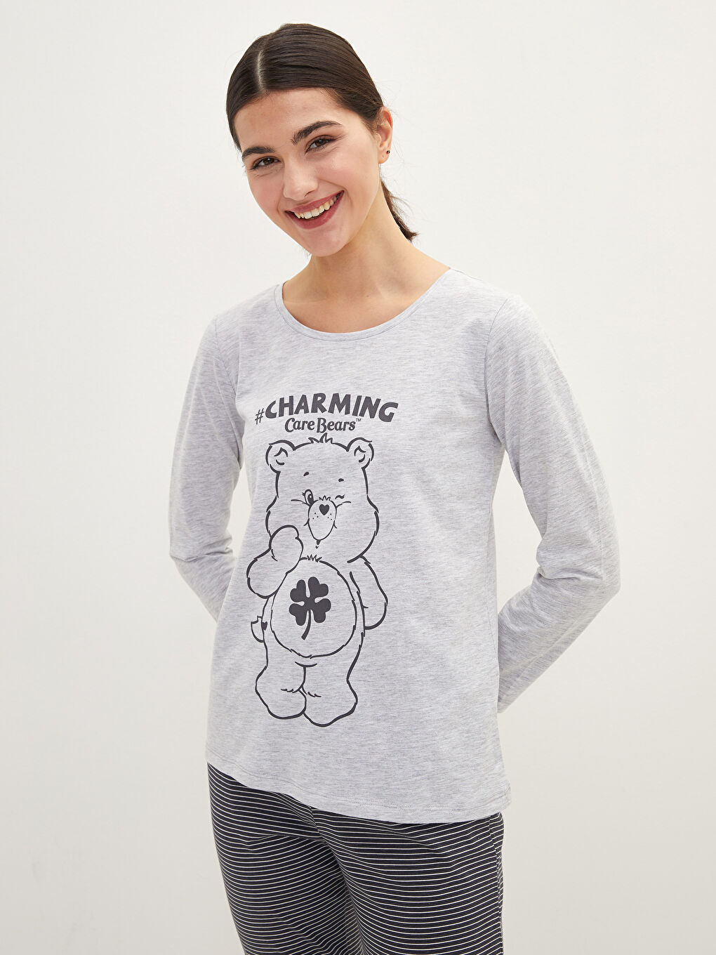 Antrasit Bisiklet Yaka Care Bears Baskılı Uzun Kollu Kadın Pijama Takımı-2