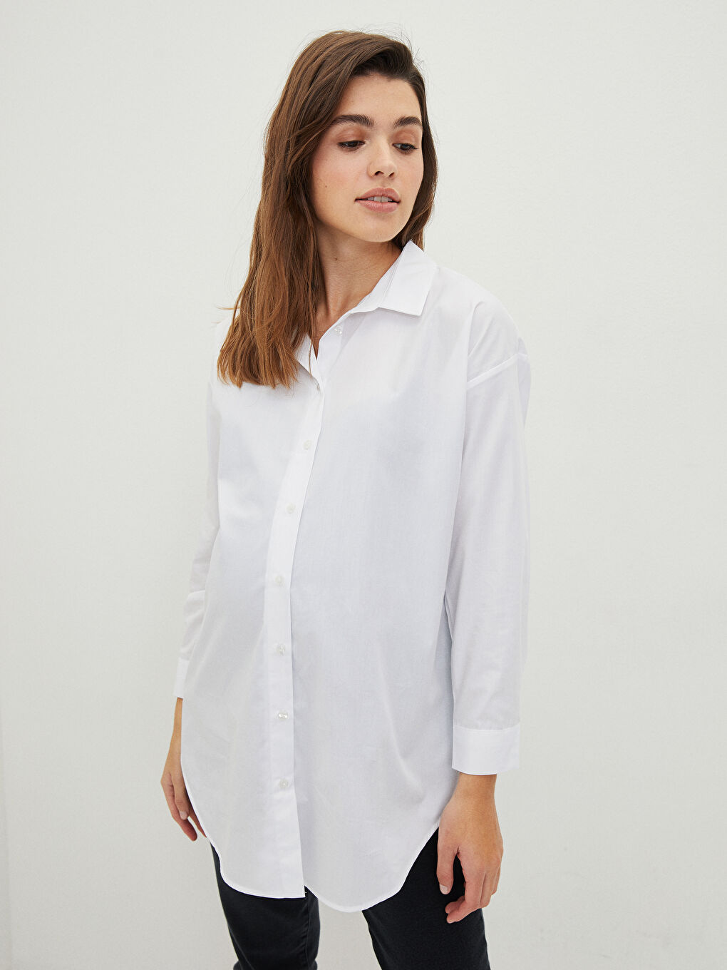 Beyaz Düz Uzun Kollu Hamile Gömlek Tunik