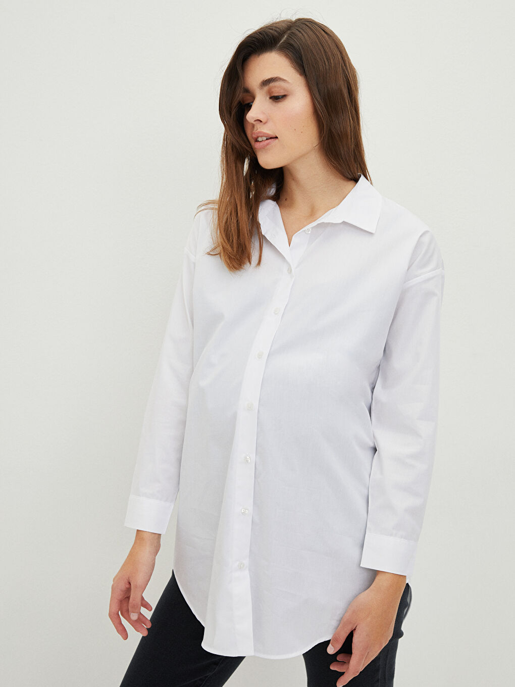 Beyaz Düz Uzun Kollu Hamile Gömlek Tunik-1