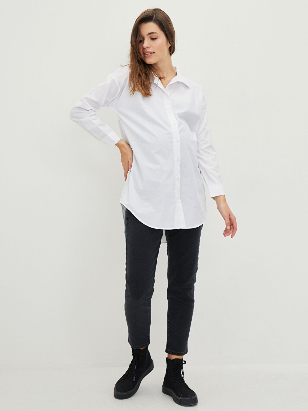 Beyaz Düz Uzun Kollu Hamile Gömlek Tunik-3