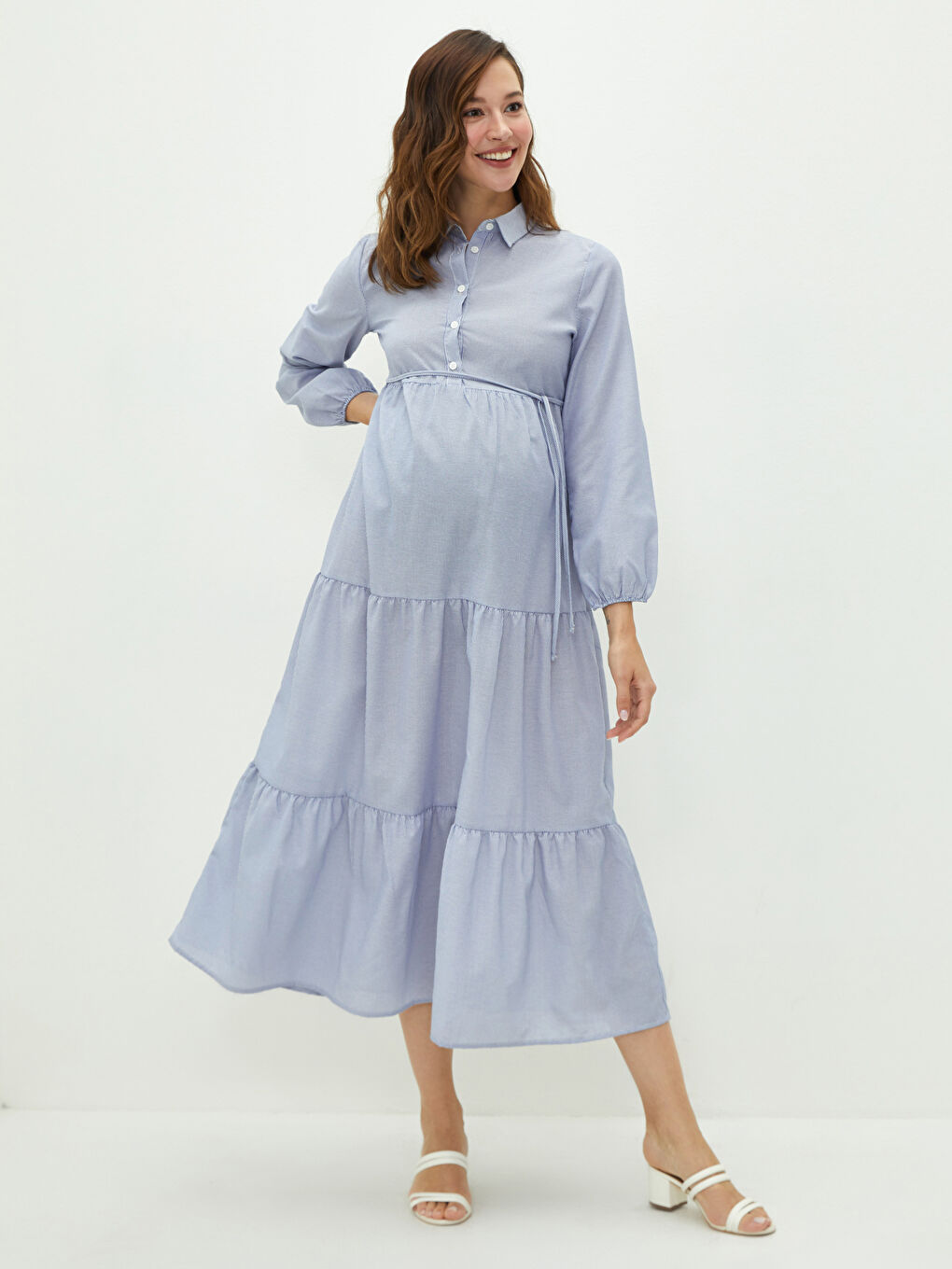 Mavi Gömlek Yaka Çizgili Uzun Kollu Beli Bağlama Detaylı Hamile Elbise