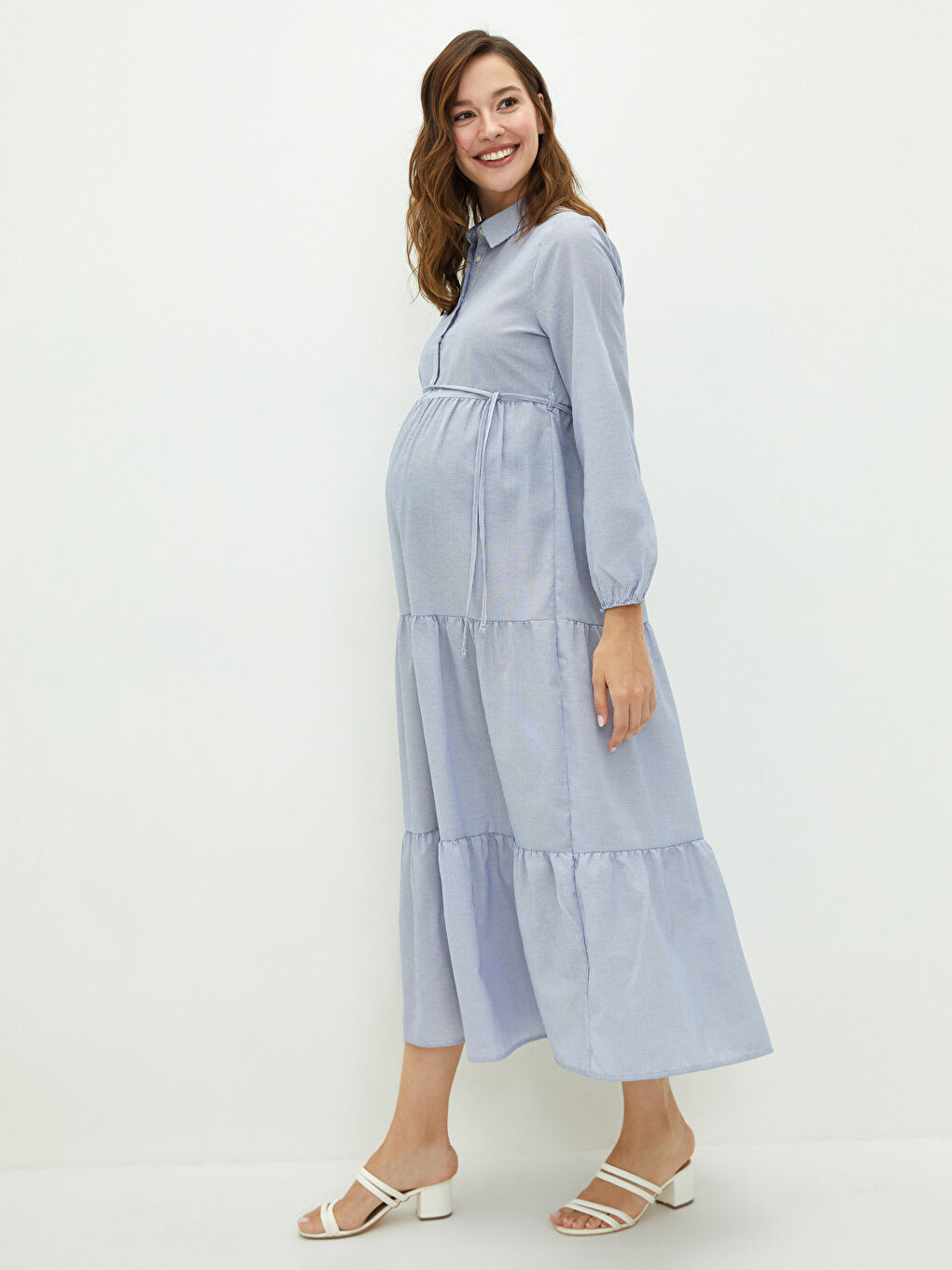 Mavi Gömlek Yaka Çizgili Uzun Kollu Beli Bağlama Detaylı Hamile Elbise-1