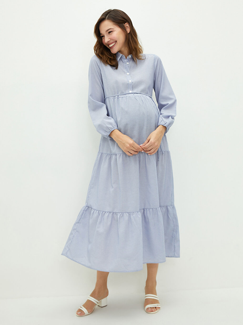 Mavi Gömlek Yaka Çizgili Uzun Kollu Beli Bağlama Detaylı Hamile Elbise-2