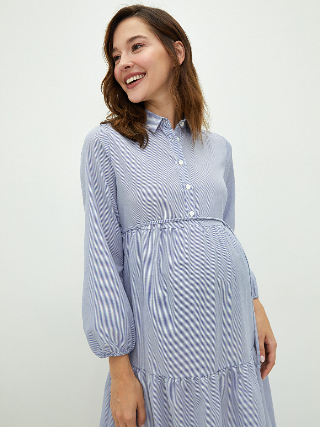 Mavi Gömlek Yaka Çizgili Uzun Kollu Beli Bağlama Detaylı Hamile Elbise-3