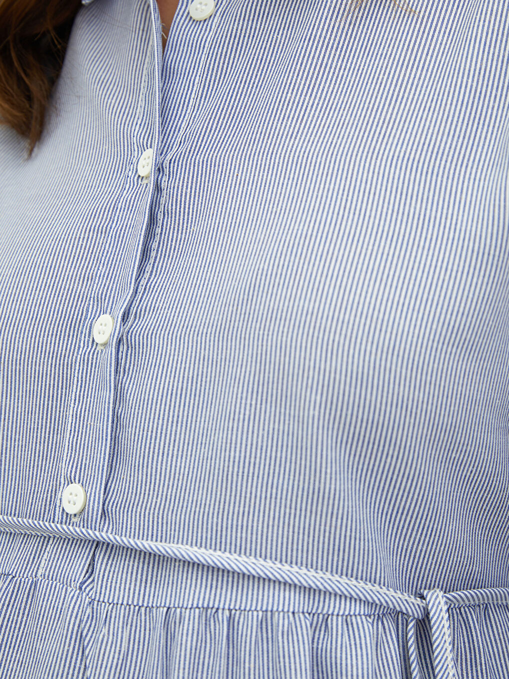 Mavi Gömlek Yaka Çizgili Uzun Kollu Beli Bağlama Detaylı Hamile Elbise-4