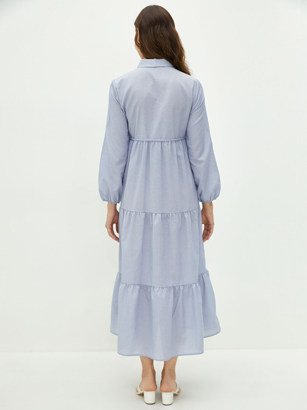 Mavi Gömlek Yaka Çizgili Uzun Kollu Beli Bağlama Detaylı Hamile Elbise-5