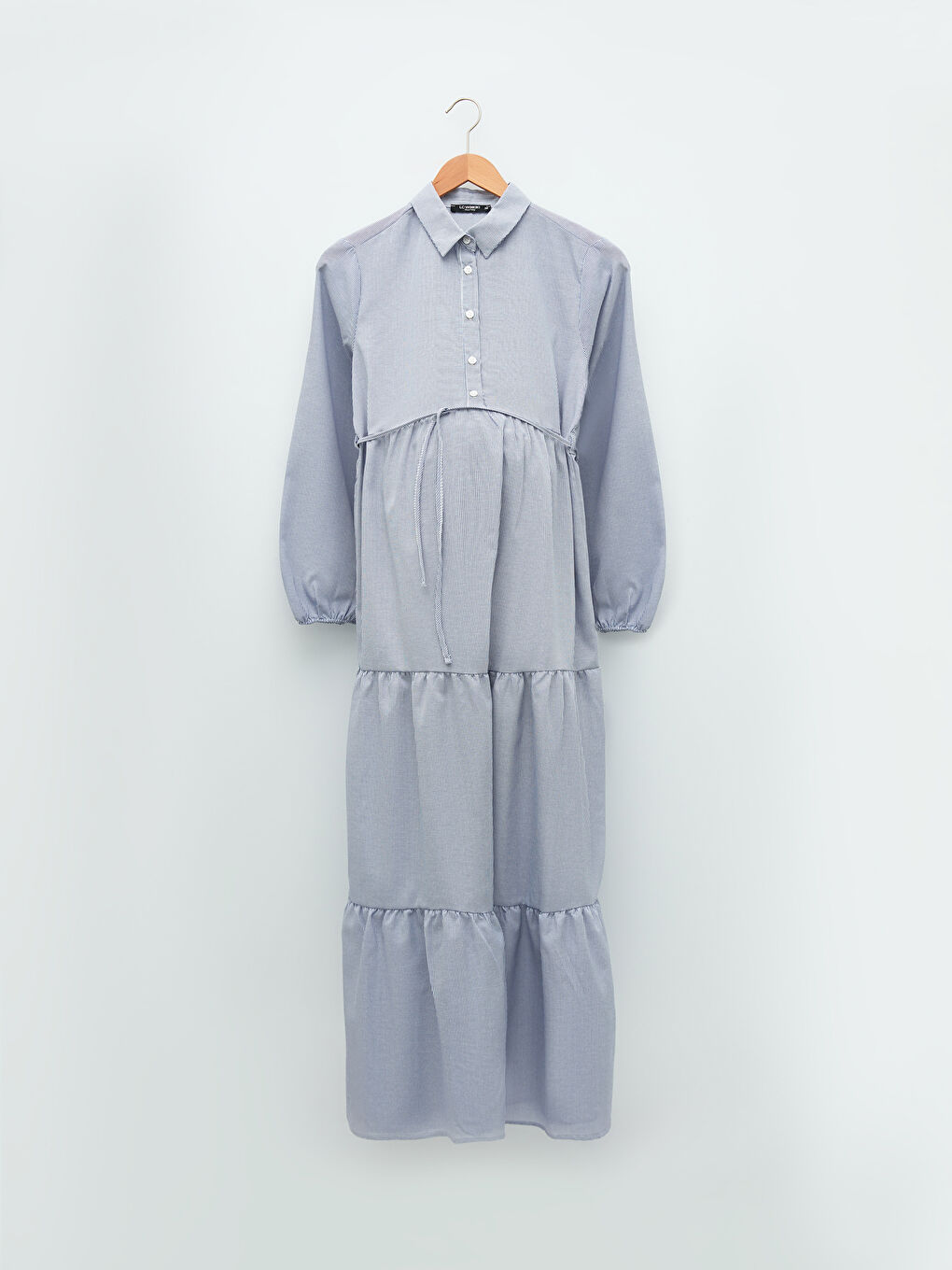 Mavi Gömlek Yaka Çizgili Uzun Kollu Beli Bağlama Detaylı Hamile Elbise-6