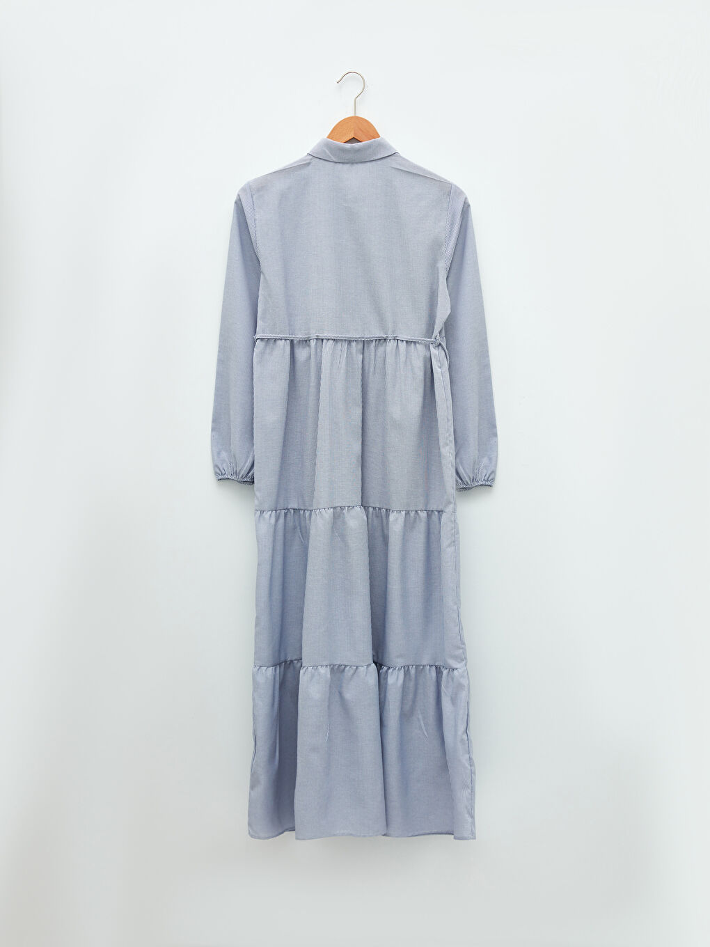 Mavi Gömlek Yaka Çizgili Uzun Kollu Beli Bağlama Detaylı Hamile Elbise-7