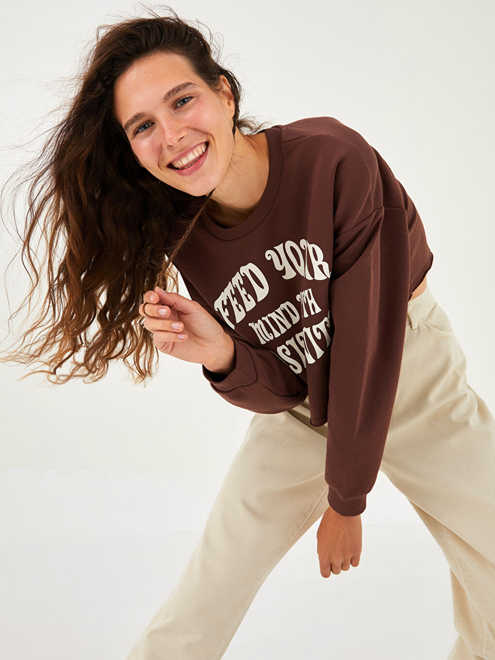 XSIDE Rundhalsausschnitt Slogan Bedruckt Langarm Damen Sweatshirt -W1JN06Z8-HGT