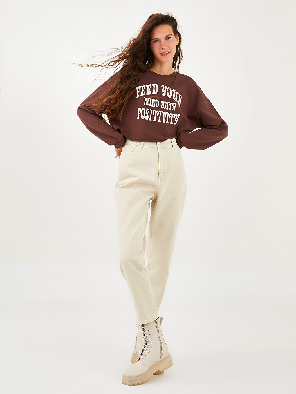 XSIDE Rundhalsausschnitt Slogan Bedruckt Langarm Damen Sweatshirt -W1JN06Z8-HGT