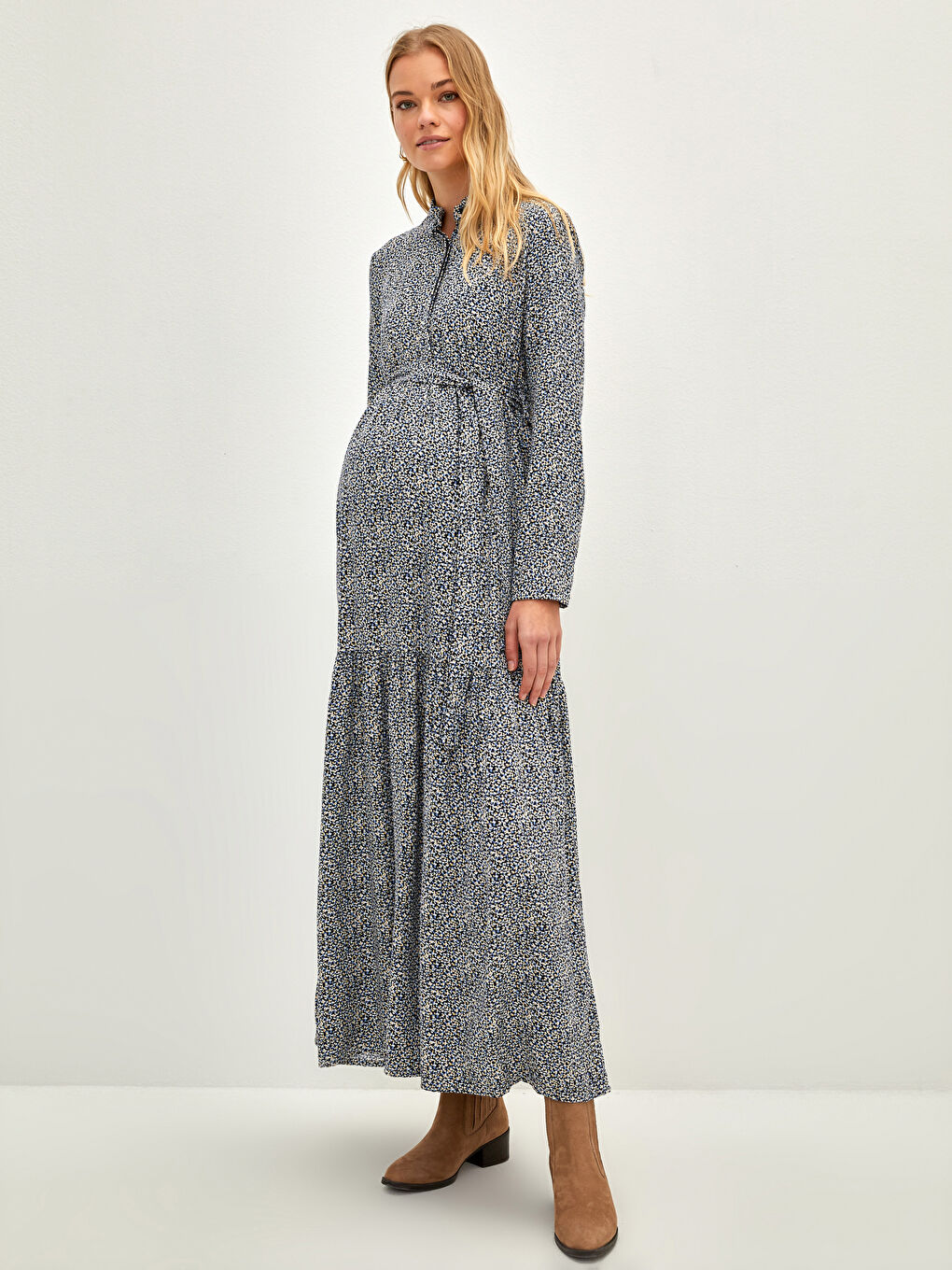 Lacivert Gömlek Yaka Desenli Belden Bağlama Detaylı Uzun Kollu Belmando Kumaş Hamile Elbise