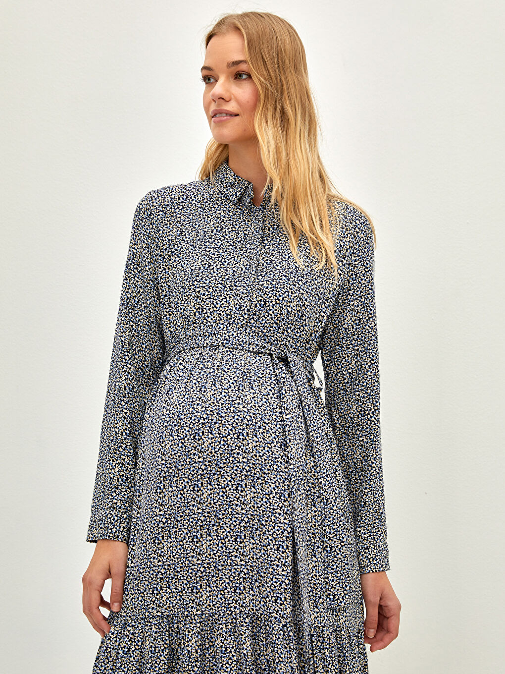 Lacivert Gömlek Yaka Desenli Belden Bağlama Detaylı Uzun Kollu Belmando Kumaş Hamile Elbise-2