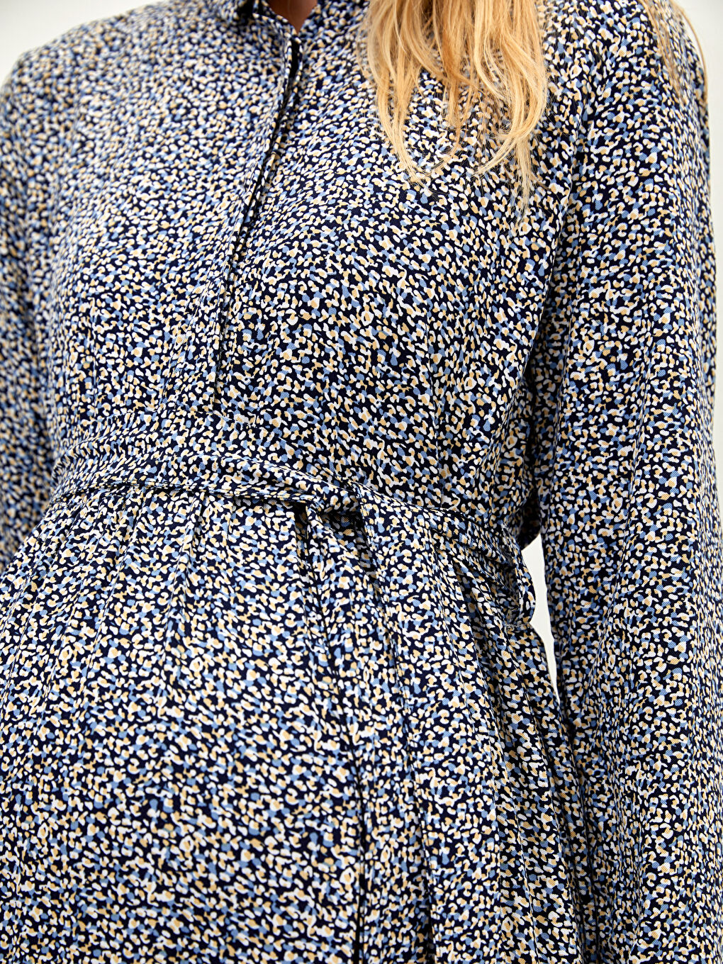 Lacivert Gömlek Yaka Desenli Belden Bağlama Detaylı Uzun Kollu Belmando Kumaş Hamile Elbise-3