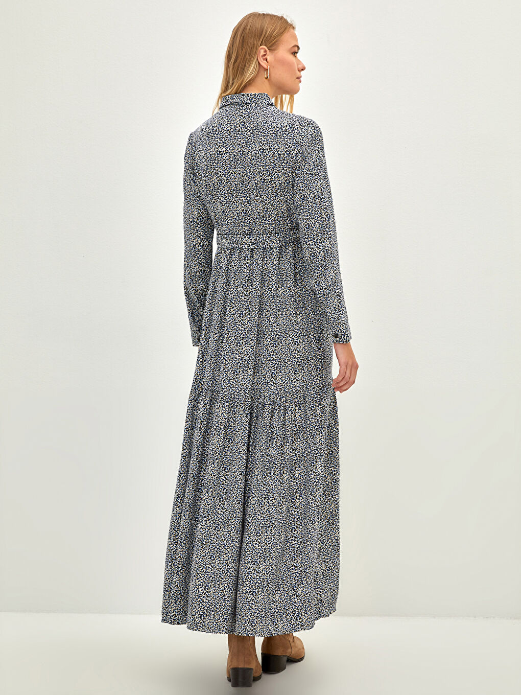 Lacivert Gömlek Yaka Desenli Belden Bağlama Detaylı Uzun Kollu Belmando Kumaş Hamile Elbise-4