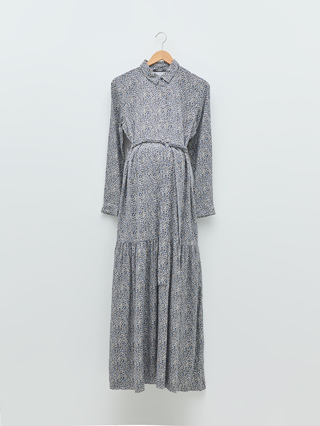 Lacivert Gömlek Yaka Desenli Belden Bağlama Detaylı Uzun Kollu Belmando Kumaş Hamile Elbise-5