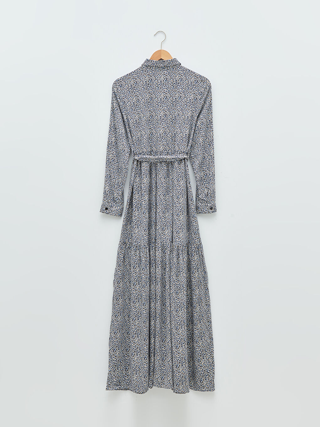 Lacivert Gömlek Yaka Desenli Belden Bağlama Detaylı Uzun Kollu Belmando Kumaş Hamile Elbise-6