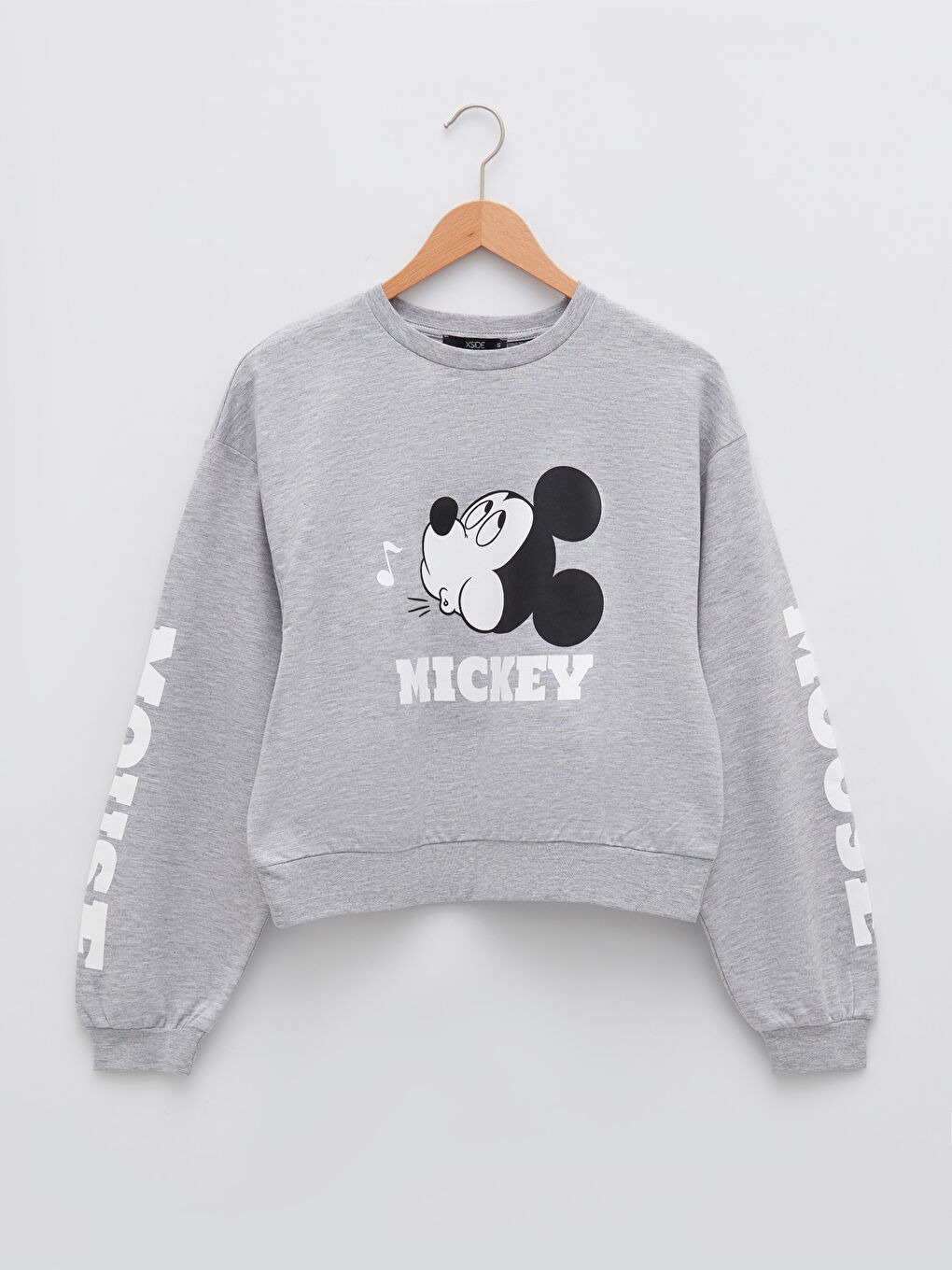 Gri Bisiklet Yaka Mickey Mouse Baskılı Uzun Kollu Kadın Sweatshirt-5
