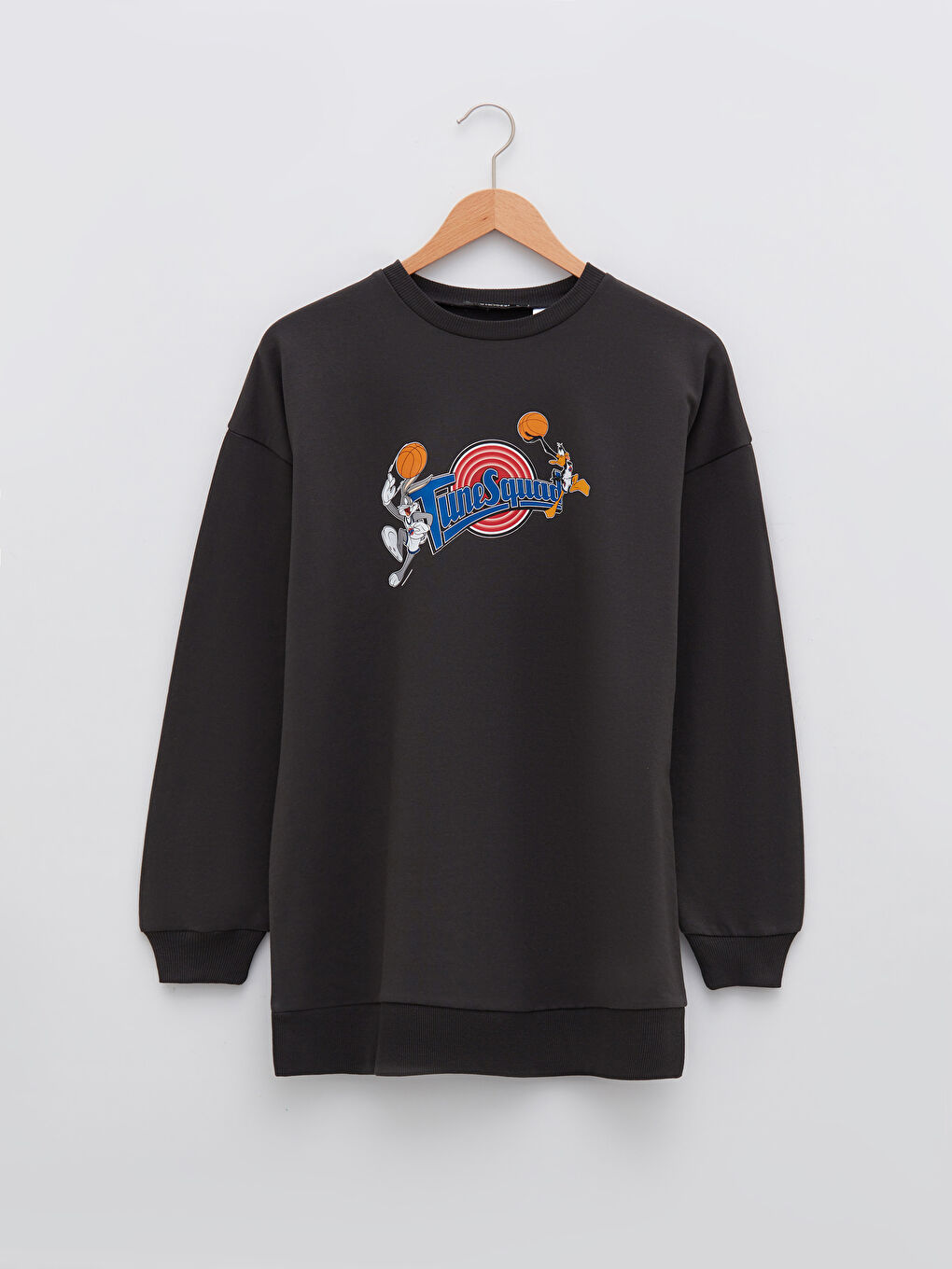 LCW Modest Antrasit Bisiklet Yaka Space Jam Baskılı Uzun Kollu Oversize Kadın Sweatshirt Tunik - 4