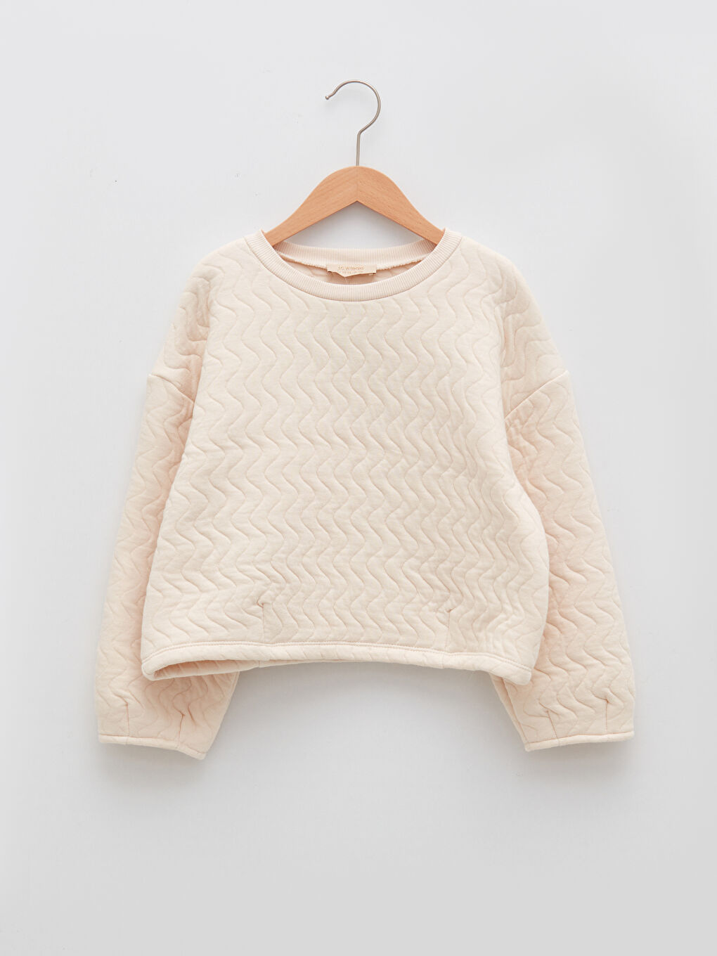 Ekru Bisiklet Yaka Kendinden Desenli Uzun Kollu Kız Çocuk Sweatshirt-2