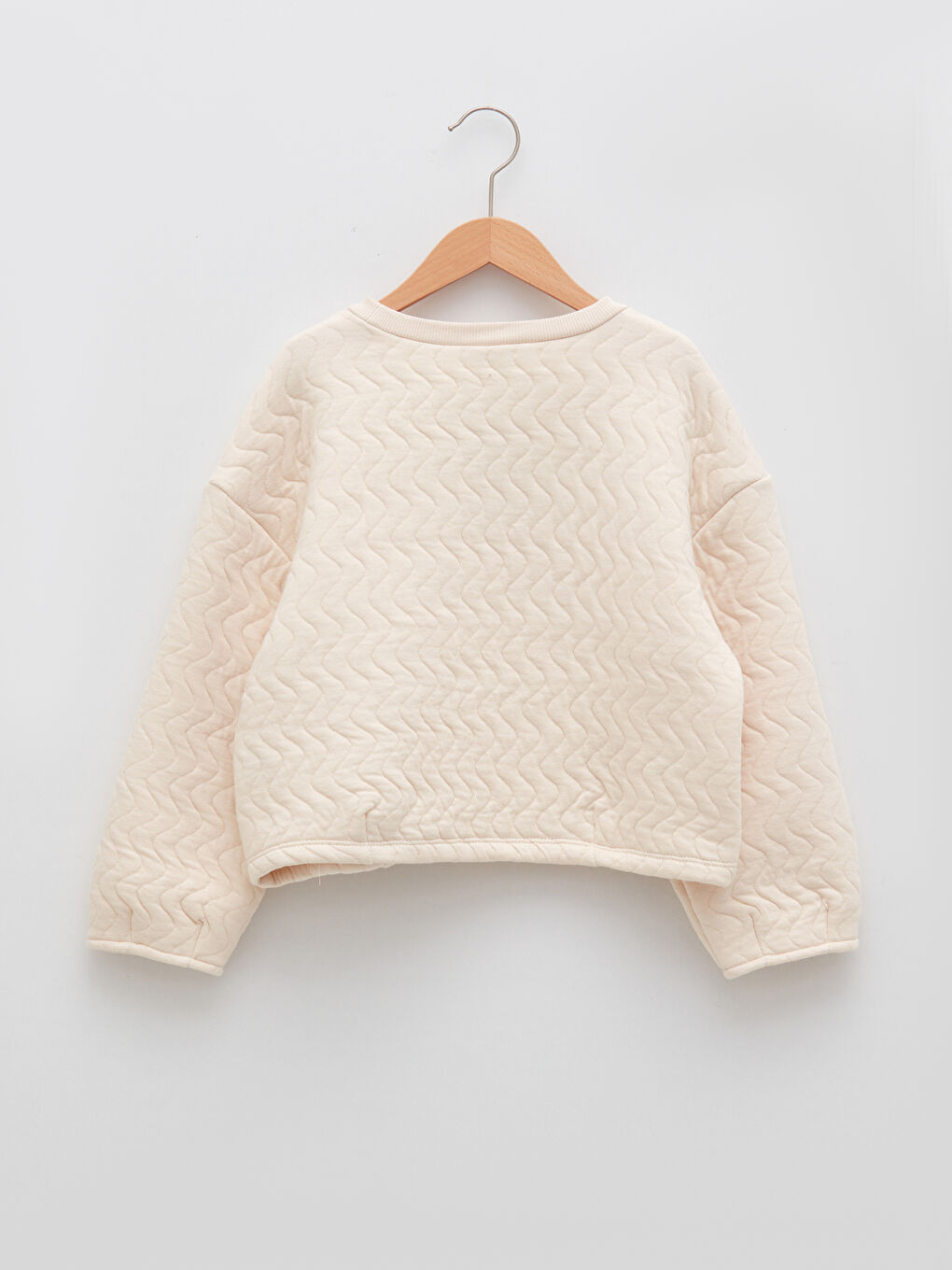 Ekru Bisiklet Yaka Kendinden Desenli Uzun Kollu Kız Çocuk Sweatshirt-3