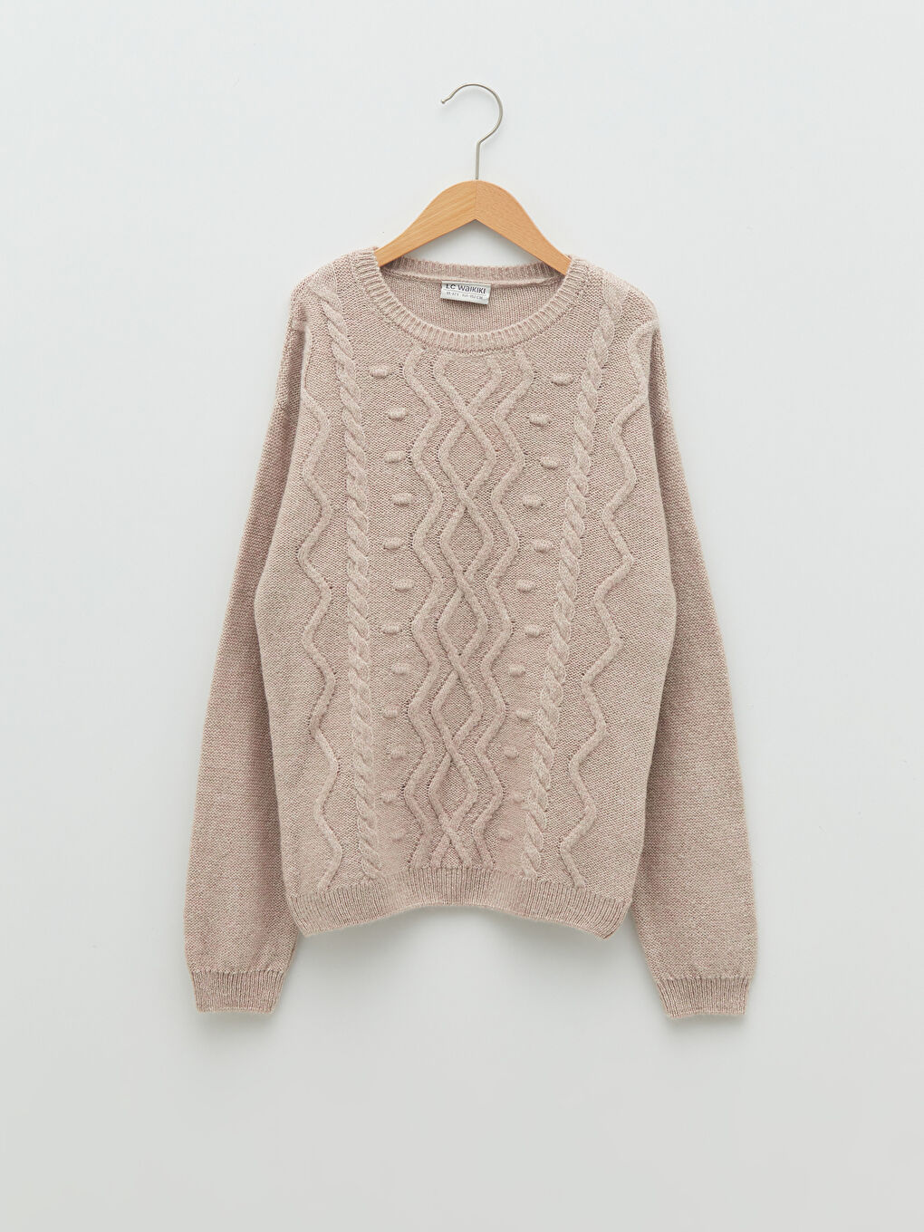 Ekru Bisiklet Yaka Kendinden Desenli Uzun Kollu Kız Çocuk Triko Kazak