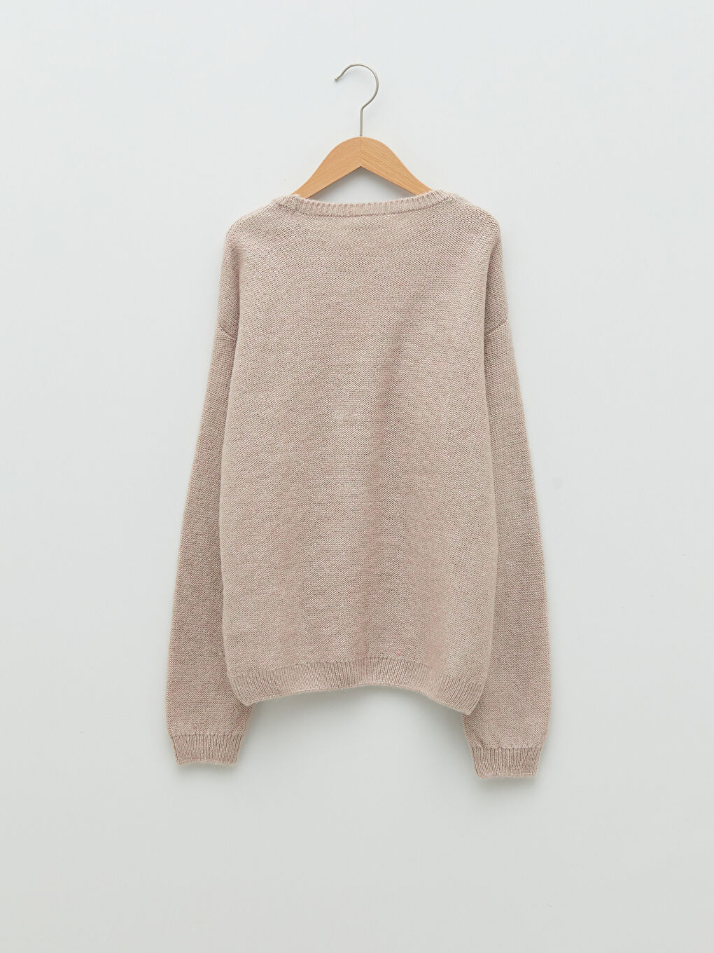 Ekru Bisiklet Yaka Kendinden Desenli Uzun Kollu Kız Çocuk Triko Kazak-1