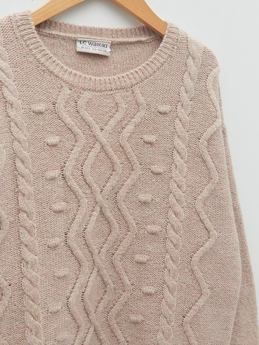 Ekru Bisiklet Yaka Kendinden Desenli Uzun Kollu Kız Çocuk Triko Kazak-2