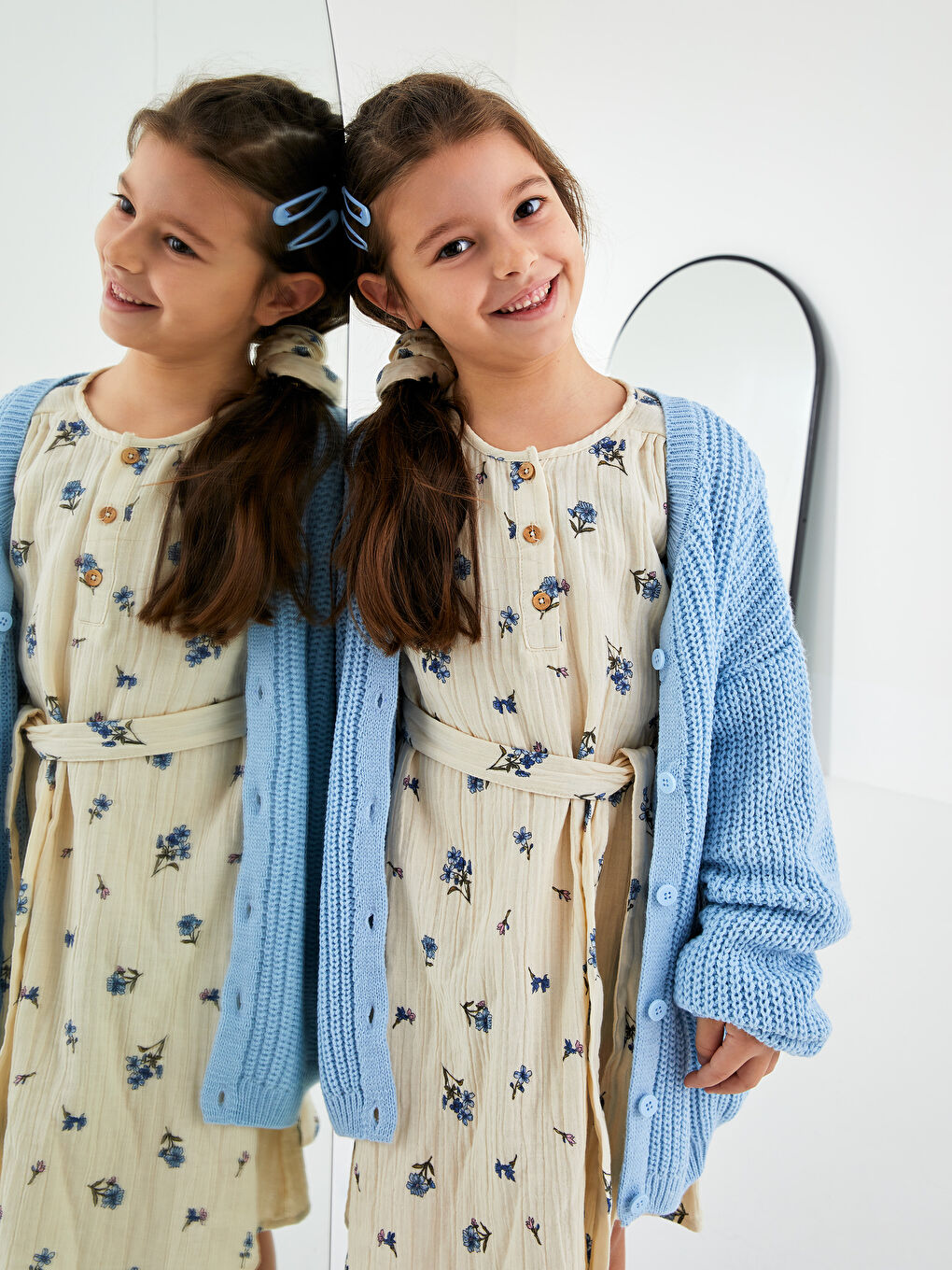 Mavi Bisiklet Yaka Kendinden Desenli Uzun Kollu Kız Çocuk Triko Hırka