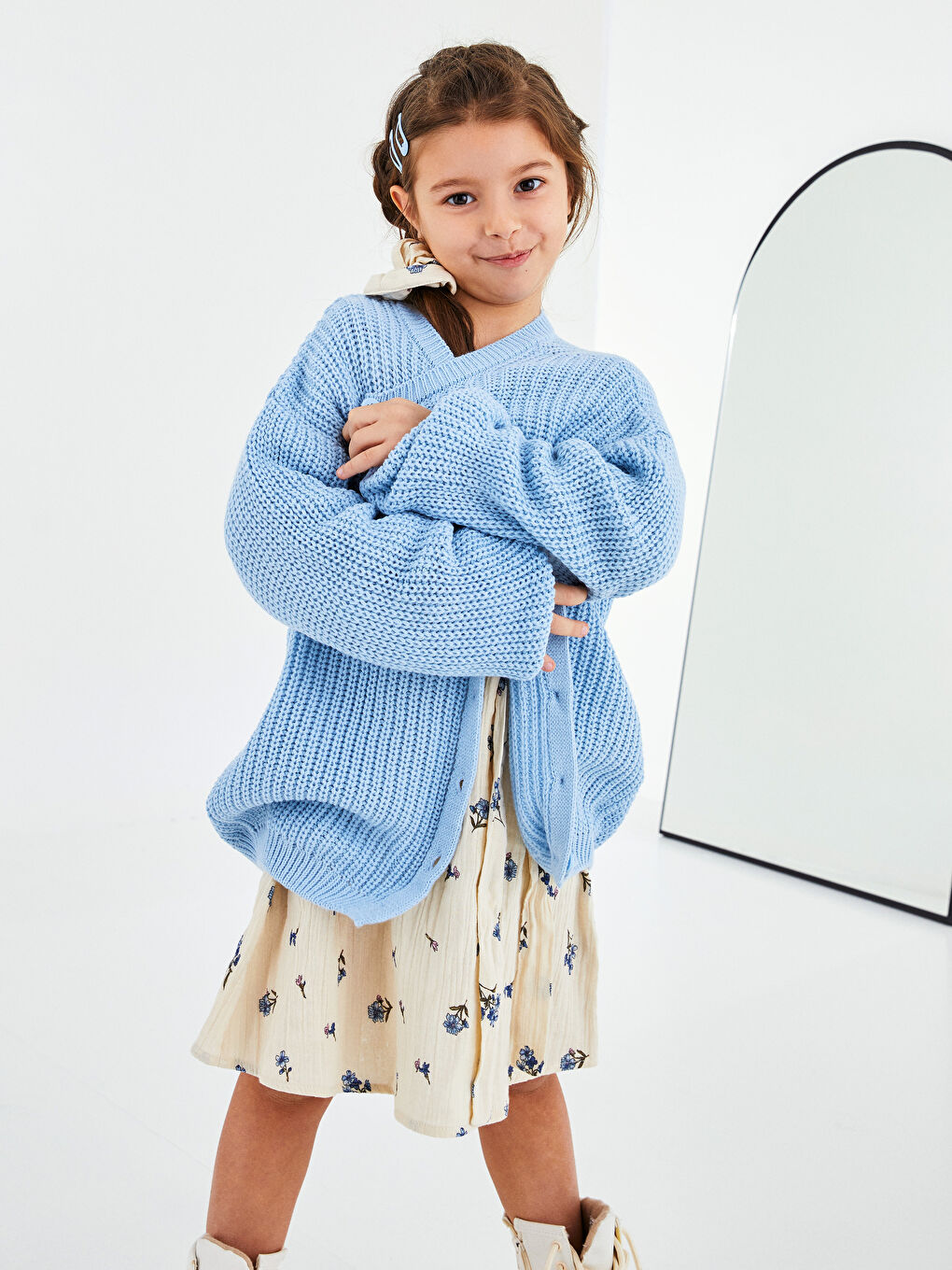 Mavi Bisiklet Yaka Kendinden Desenli Uzun Kollu Kız Çocuk Triko Hırka-1