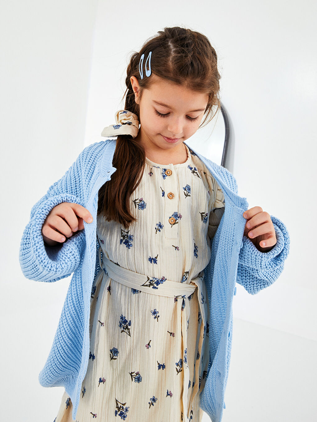 Mavi Bisiklet Yaka Kendinden Desenli Uzun Kollu Kız Çocuk Triko Hırka-2