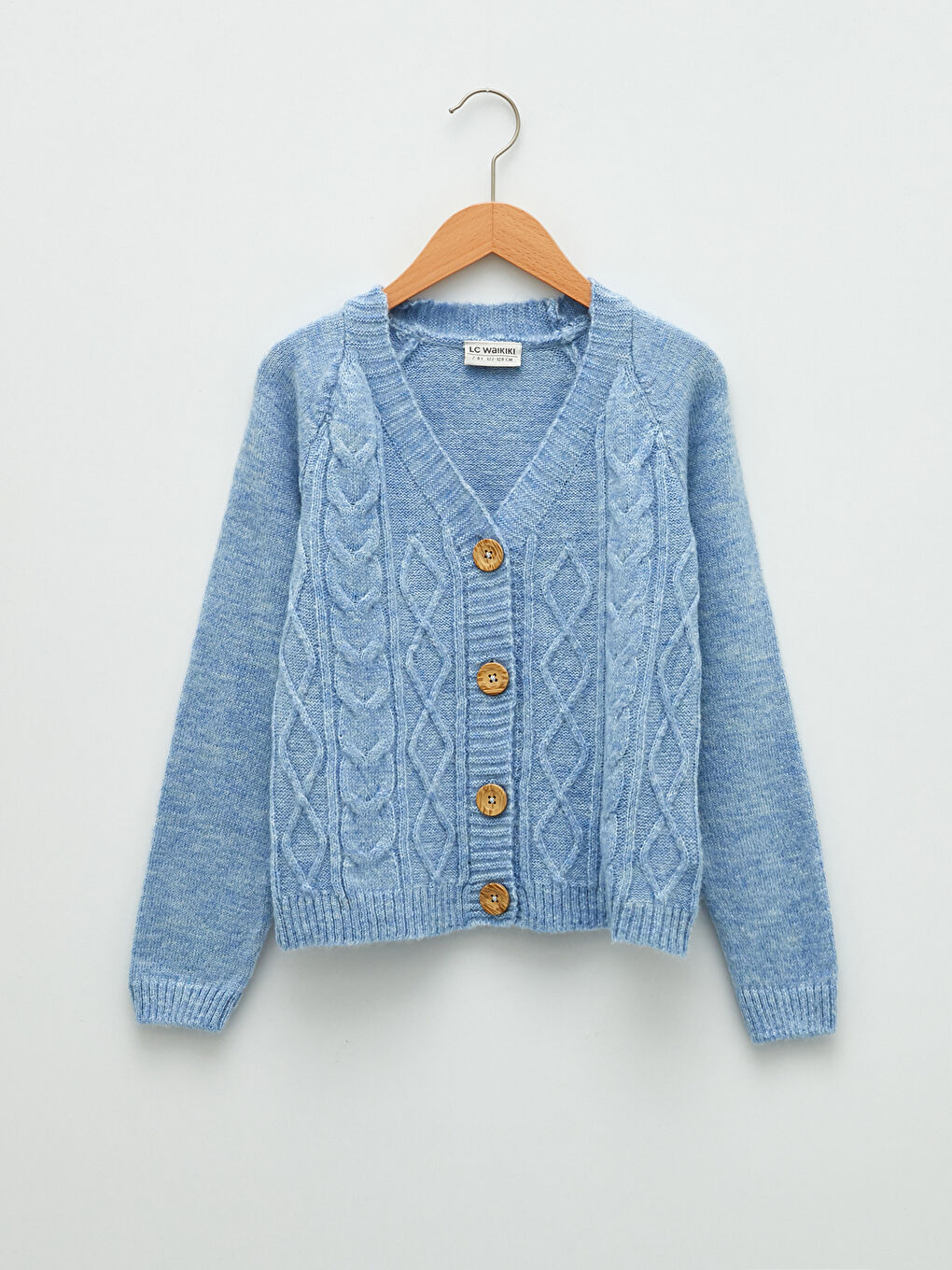 Mavi V Yaka Saç Örgüsü Desenli Uzun Kollu Kız Çocuk Triko Hırka