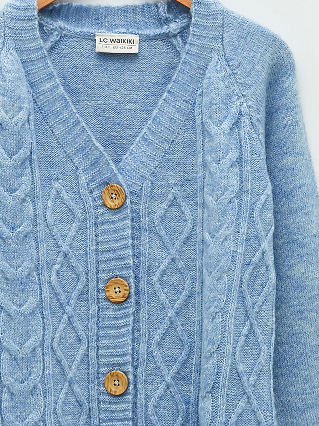 Mavi V Yaka Saç Örgüsü Desenli Uzun Kollu Kız Çocuk Triko Hırka-2