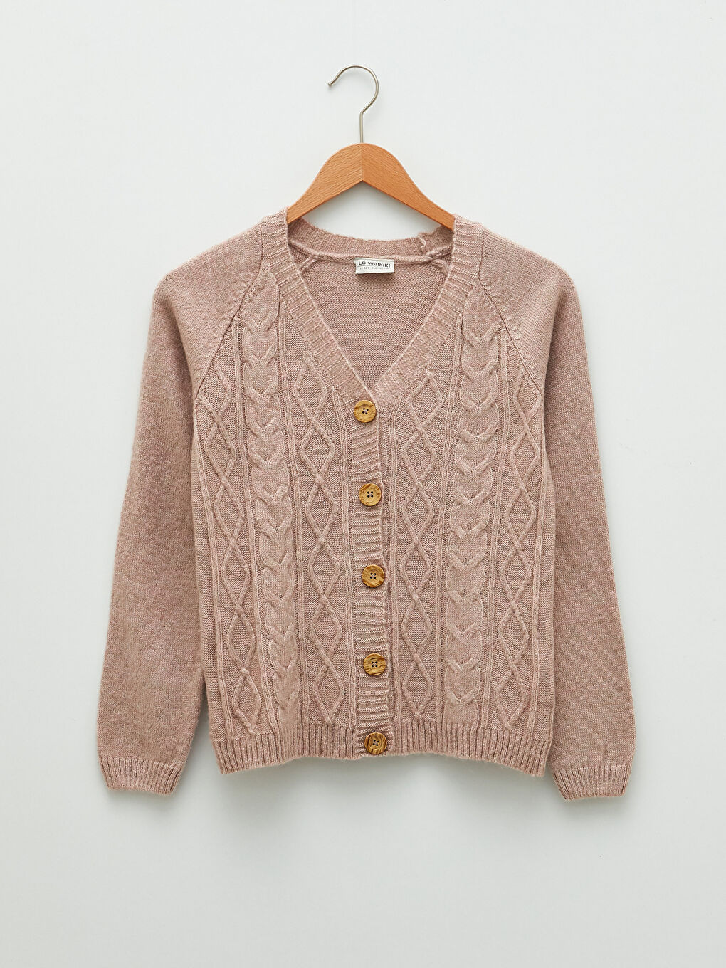 Pembe V Yaka Saç Örgüsü Desenli Uzun Kollu Kız Çocuk Triko Hırka