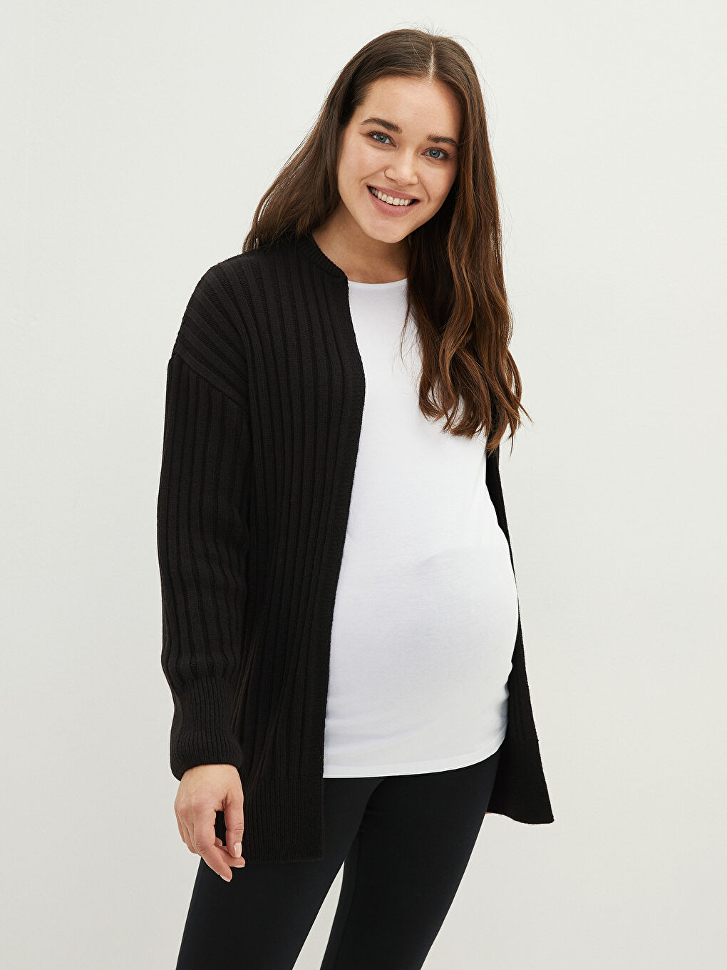 Siyah V Yaka Düz Uzun Kollu Hamile Triko Hırka-1