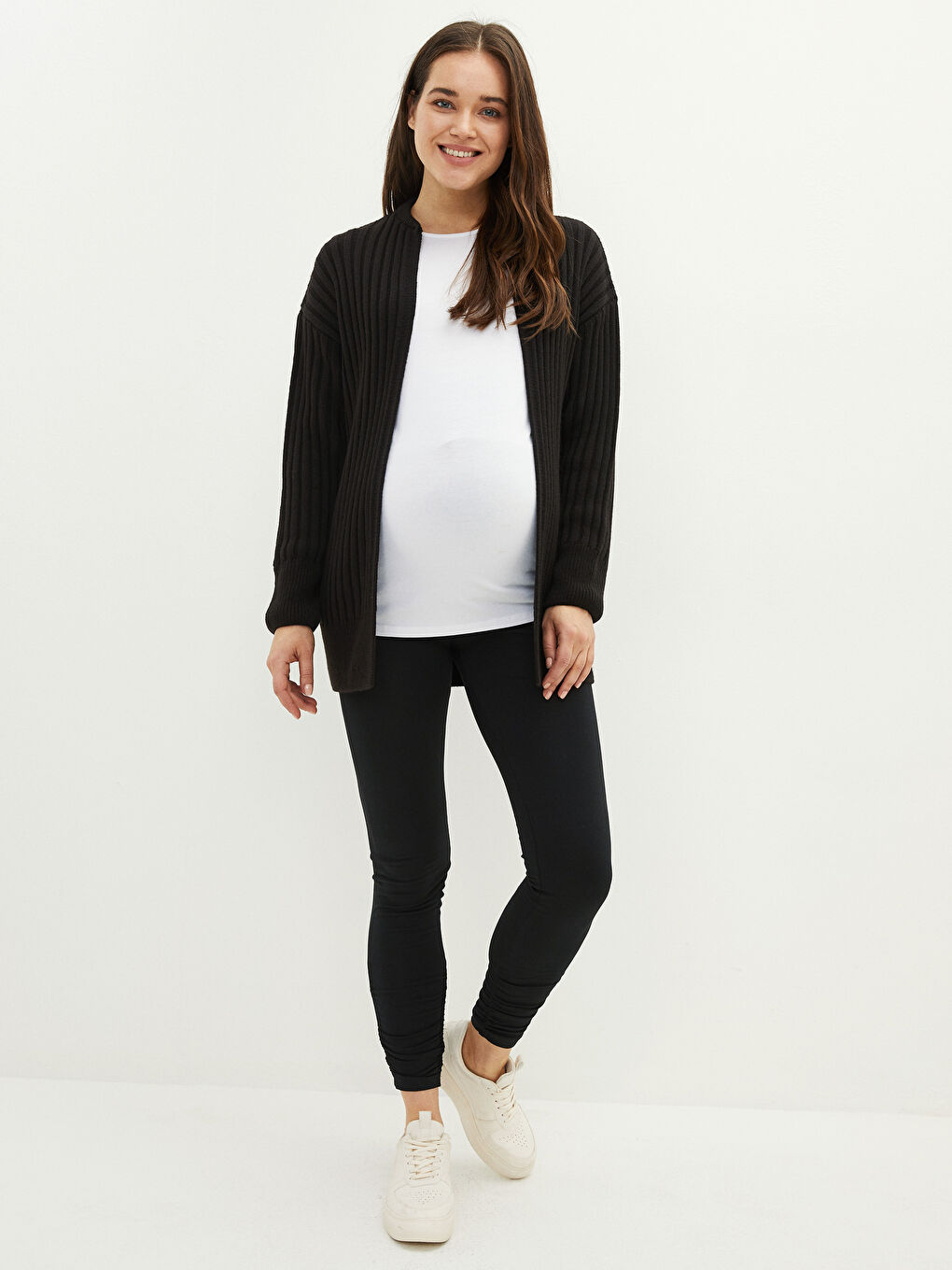 Siyah V Yaka Düz Uzun Kollu Hamile Triko Hırka-2