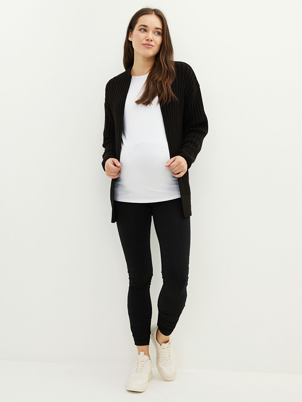 Siyah V Yaka Düz Uzun Kollu Hamile Triko Hırka-3