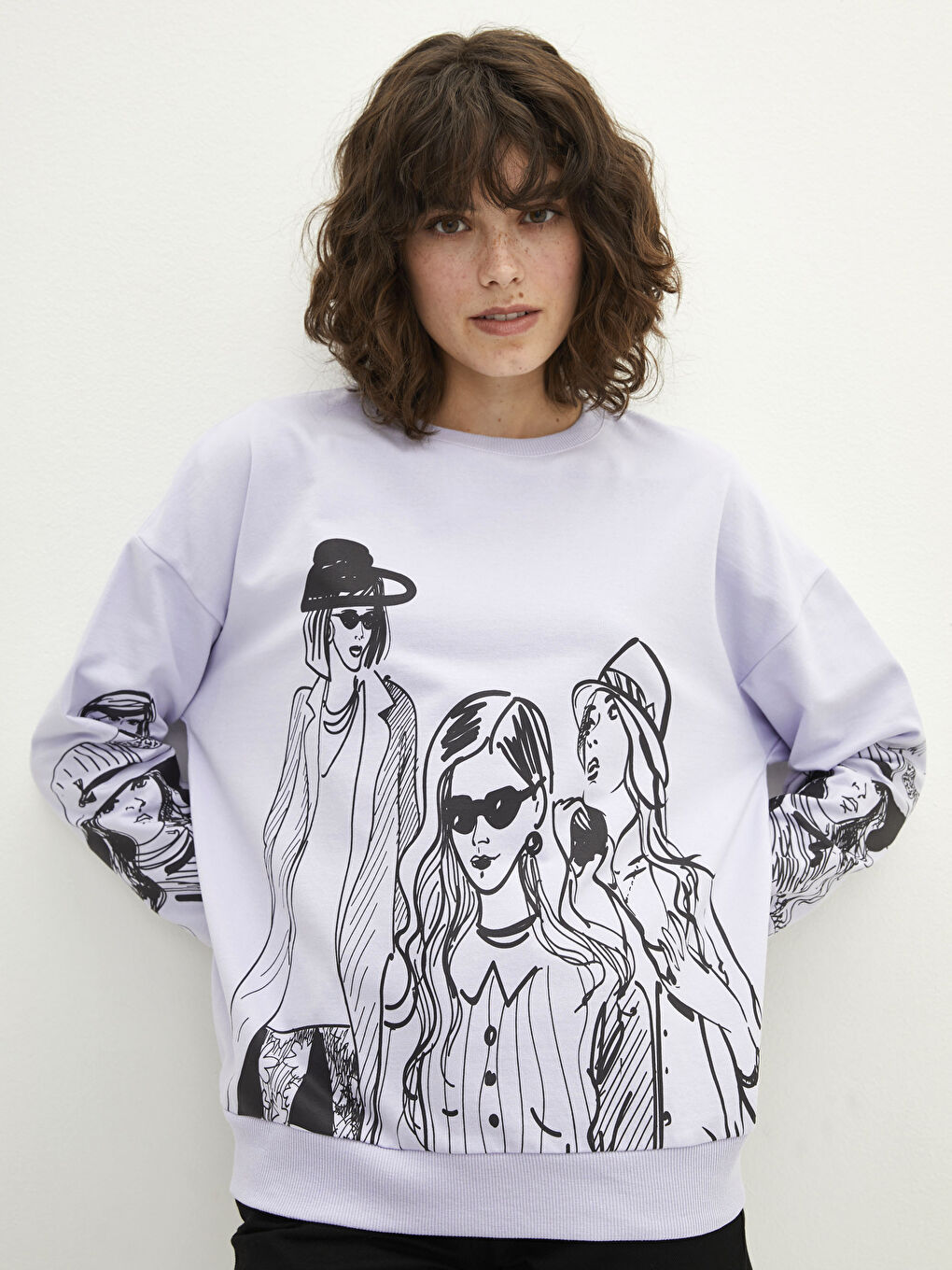 Lila Bisiklet Yaka Baskılı Uzun Kollu Kadın Sweatshirt