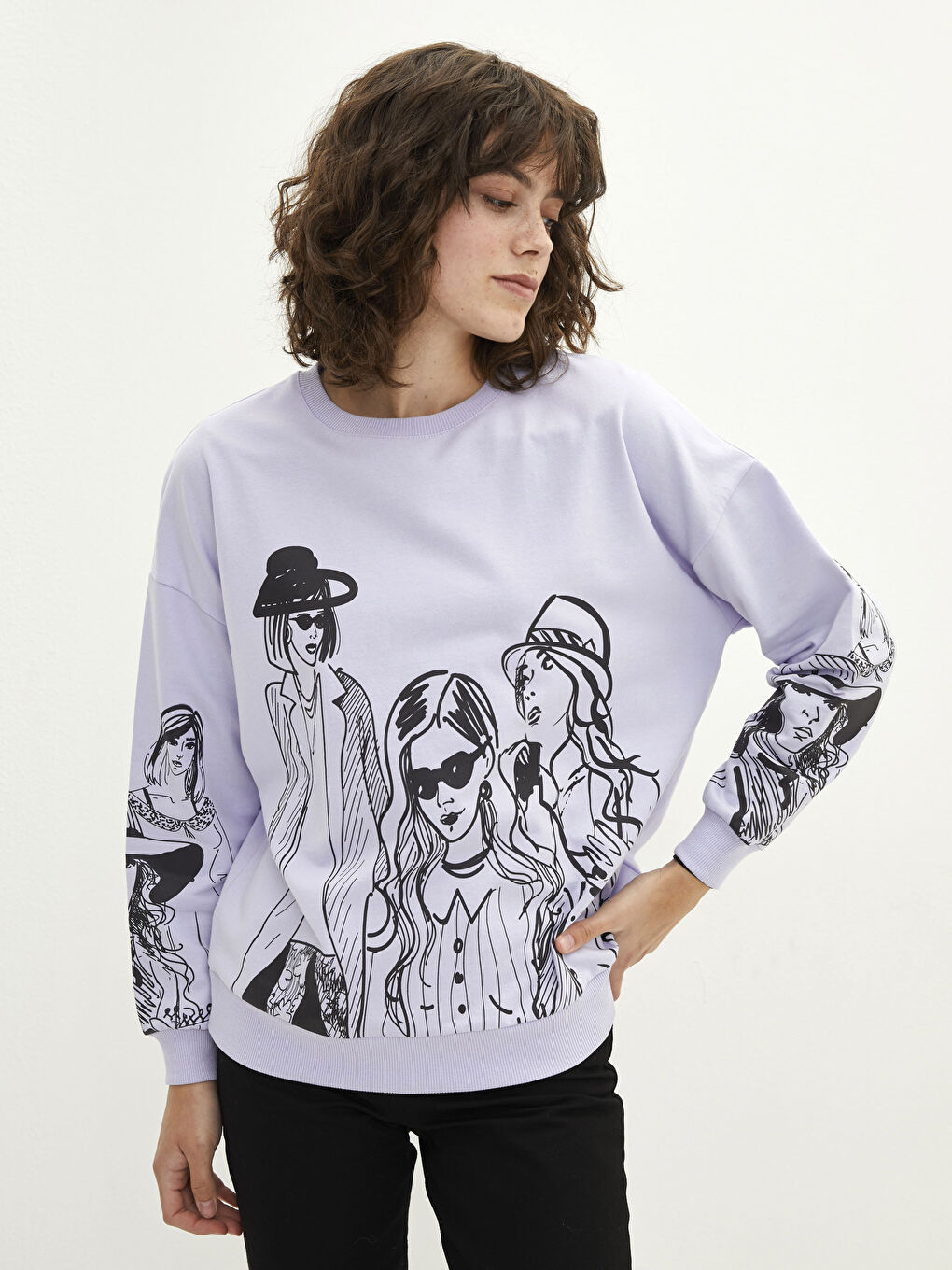 Lila Bisiklet Yaka Baskılı Uzun Kollu Kadın Sweatshirt-1
