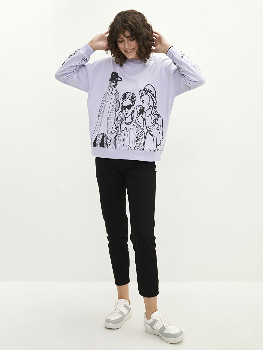 Lila Bisiklet Yaka Baskılı Uzun Kollu Kadın Sweatshirt-2