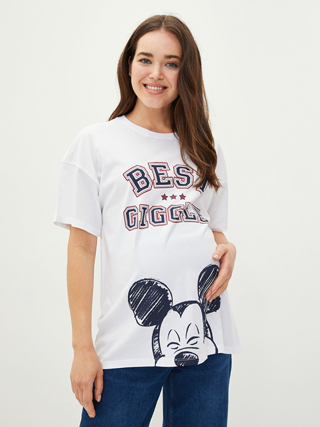 Beyaz Bisiklet Yaka Mickey Mouse Baskılı Kısa Kollu Pamuklu Hamile Tişört