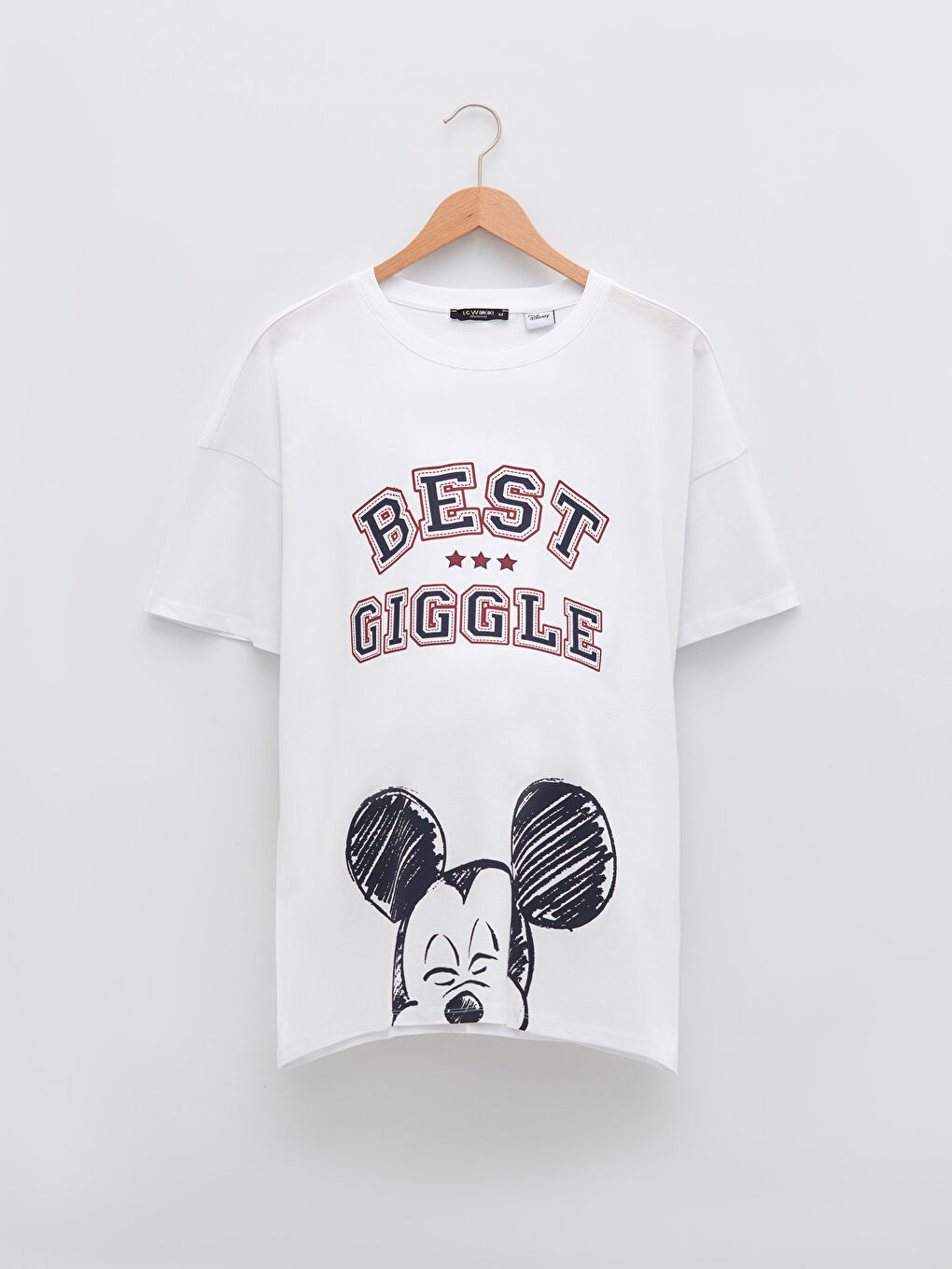 Beyaz Bisiklet Yaka Mickey Mouse Baskılı Kısa Kollu Pamuklu Hamile Tişört-4
