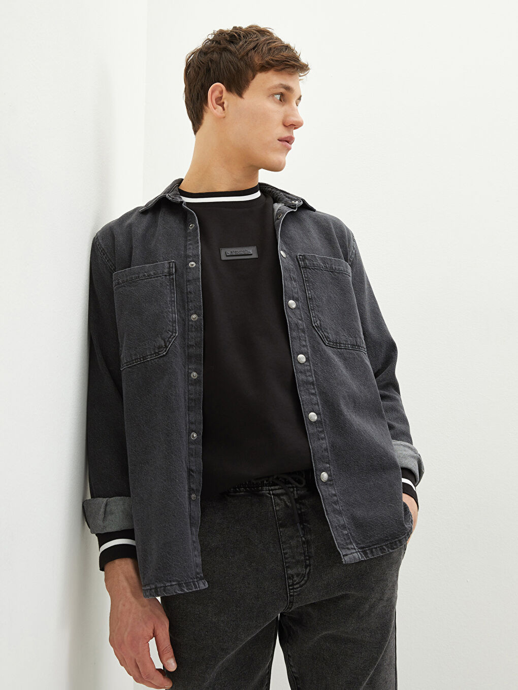 Siyah Standart Kalıp Erkek Jean Ceket-1