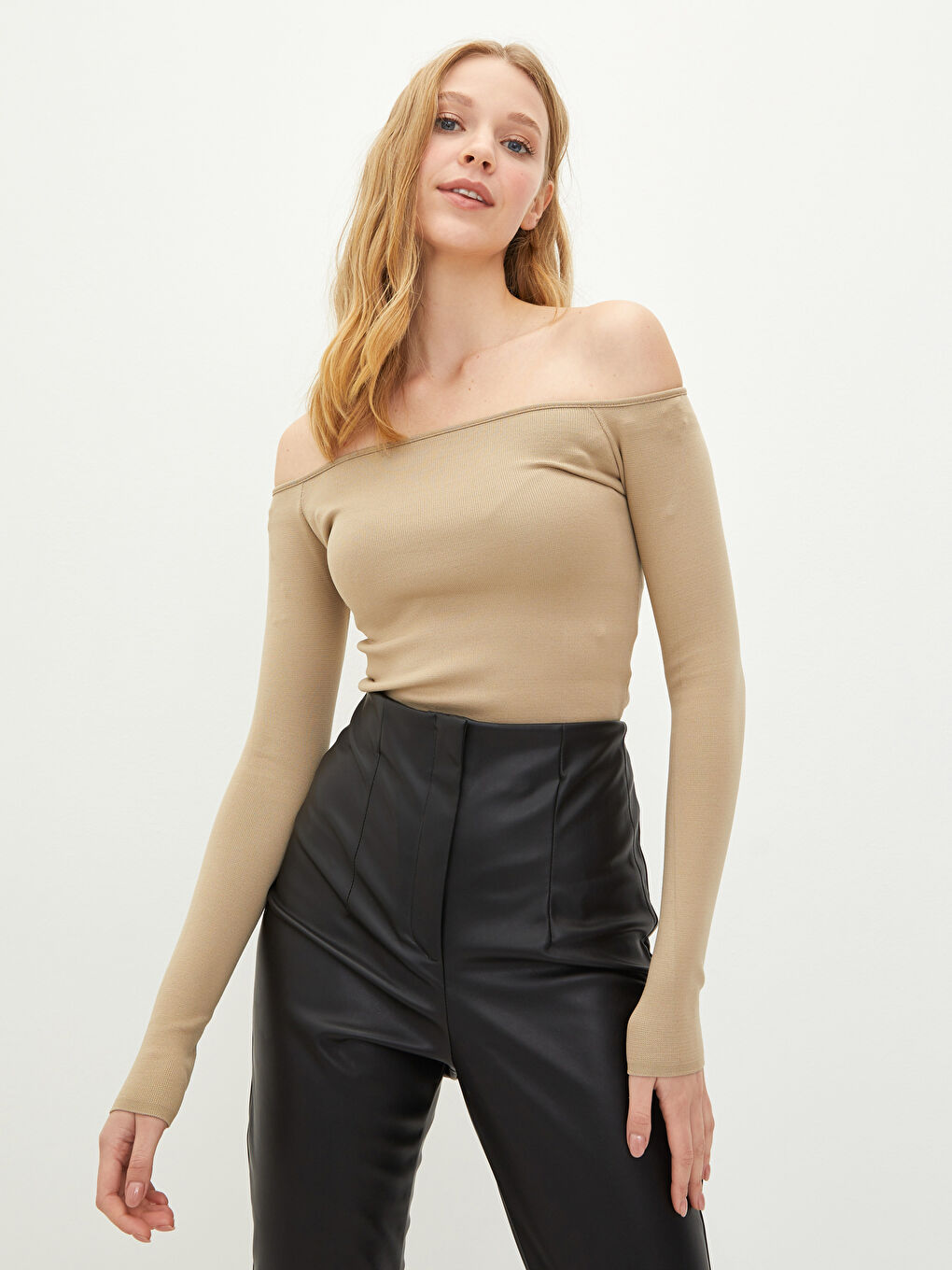 Slash Neck Plain Long Sleeve Women's Knitwear Sweater