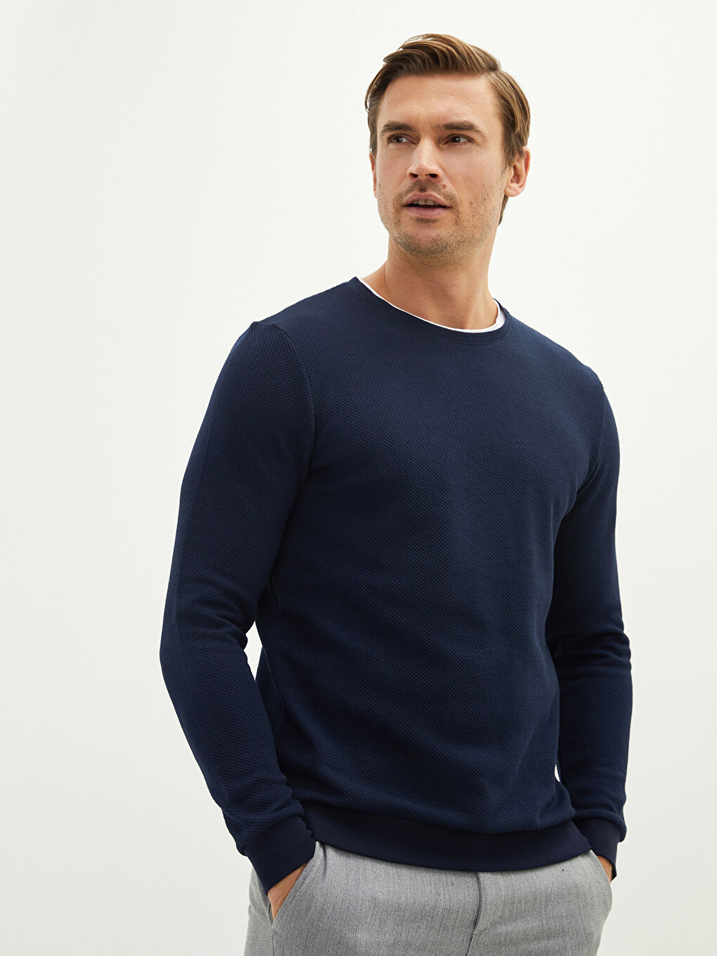 Lacivert Bisiklet Yaka Uzun Kollu Erkek Sweatshirt