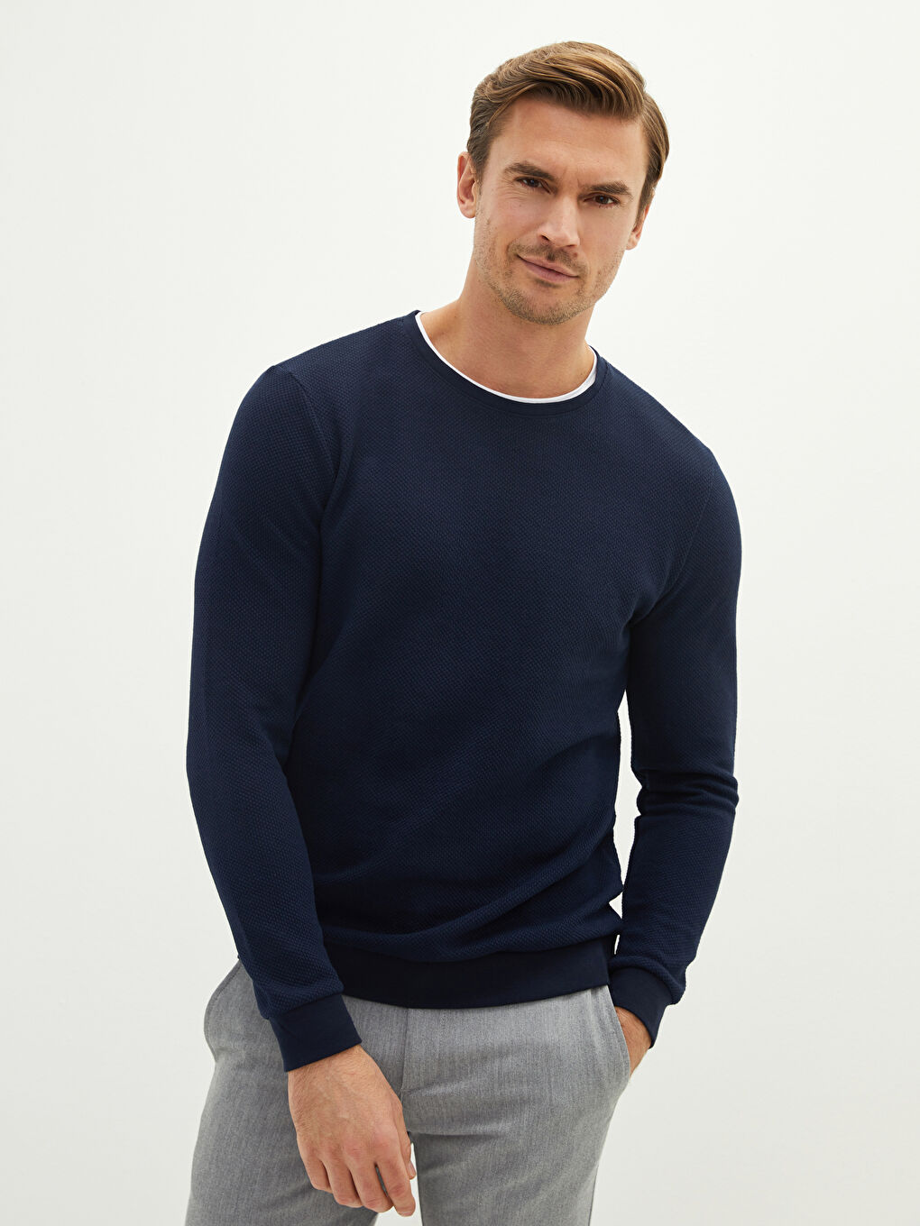 Lacivert Bisiklet Yaka Uzun Kollu Erkek Sweatshirt-1