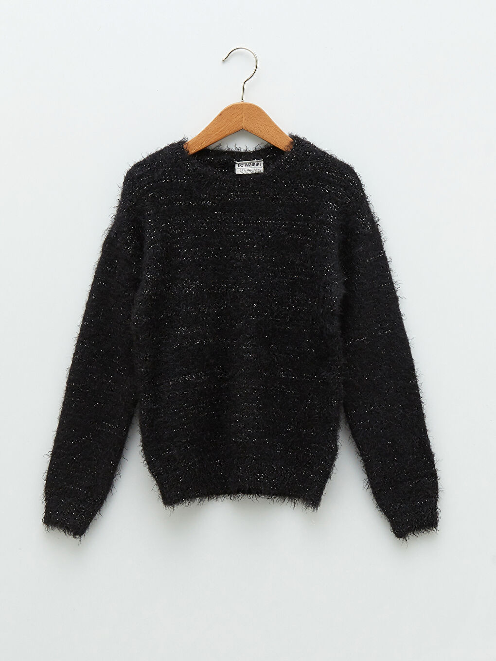 Siyah Bisiklet Yaka Işıltılı Uzun Kollu Kız Çocuk Triko Kazak