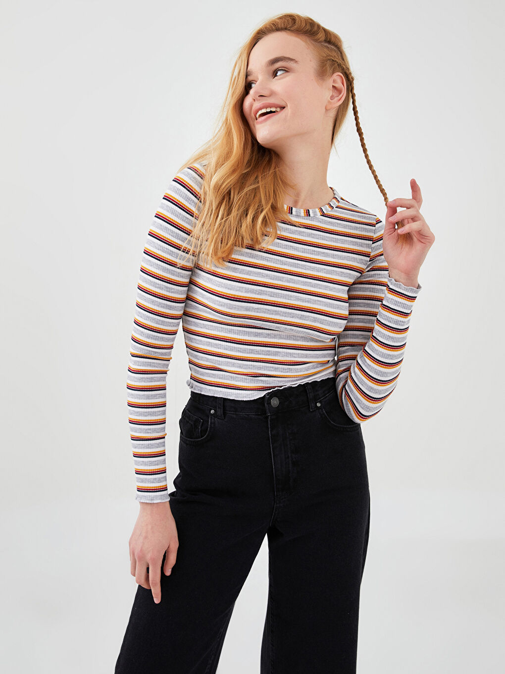 Bisiklet Yaka Çizgili Uzun Kollu Kadın Kazak-1